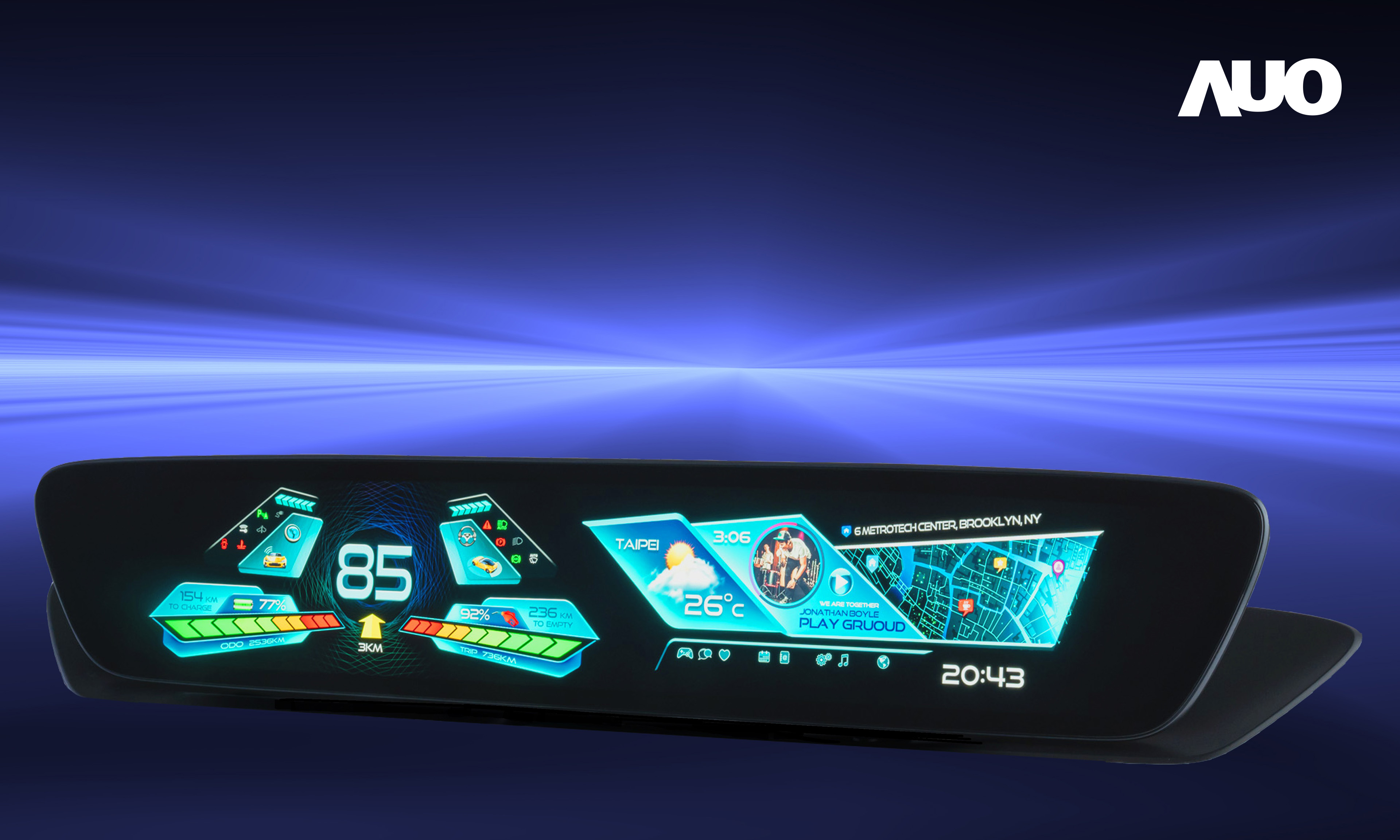 友達30.4吋異形曲面AmLED車載顯示系統，為一兼具儀表板及中控台人機介面的創新車載顯示系統，結合美學設計，提升車內科技沉浸感及使用體驗，讓車載顯示的未來應用更加多元化