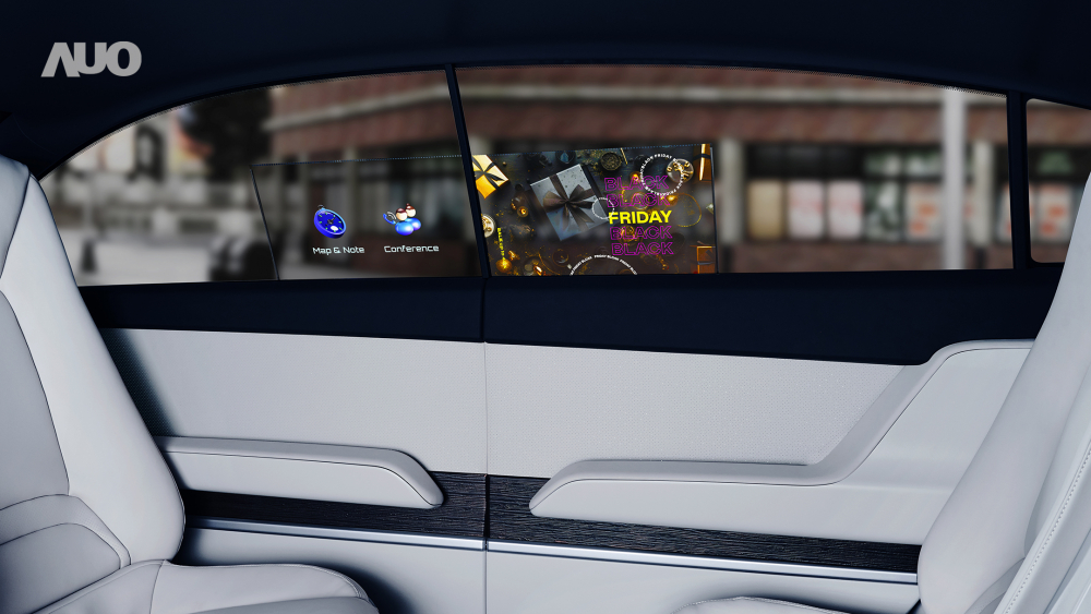 AUO&rsquo;s "Interactive Transparent Window" incorporates the integration of high-transparency Micro LED displays into the side windows of vehicles, providing touch functionality for entertainment, online video conferencing, and the exhibition of safety warning information